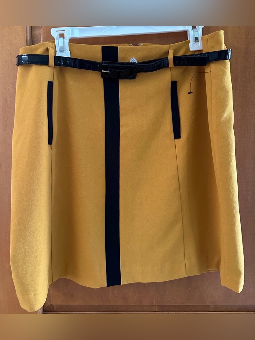 Worthington Mustard Yellow Mini Skirt with Black Trim and Patent Belt